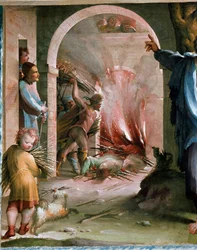 Publius Mucius Scaevola (2. århundrede f.Kr.) kaster sine kolleger på Bucher Fresco af Domenico di Giacomo di Pace dit Beccafumi (1486-1551) 1529-1530 Siena (Siena), Palazzo Casini Casuccini