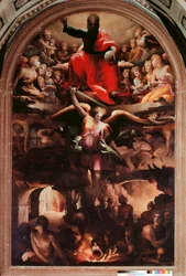 Sankt Michael forfølger oprørske engle. Maleri af Domenico Beccafumi (1486-1551), ca. 1526-1530. Så. 348 x 225 cm. Siena, Chiesa di San Niccolò al Carmine