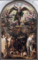 Sankt Mikael jager de oprørske engle (De oprørske engles fald). Maleri af Domenico Beccafumi (1486-1551)