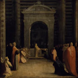 Tilbuddet af nøglerne til byen Siena til jomfruen, på eller efter 1526 (olie på papir på træpanel)