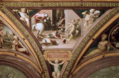 Cato af Uticas selvmord (Marcus Porcius Cato Uticensis), eller Cato den Yngre (95-46 f.Kr.), fresko af Domenico di Giacomo di Pace, kaldet Beccafumi (1486-1551), 1524-1530, mål 100x130 cm, Siena, Palazzo Casini Casuccini