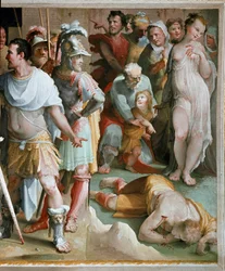 Mordet på den rige romerske plebejer Spurius Maelius (5. århundrede f.Kr.). Detalje. Fresko af Domenico di Giacomo di Pace, kaldet Beccafumi (1486-1551), 1529-1535, Siena, Palazzo Pubblico