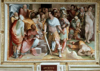 Mordet på den rige romerske plebejer Spurius Maelius (5. århundrede f.Kr.). Fresko af Domenico di Giacomo di Pace, kaldet Beccafumi (1486-1551), 1529-1535. Siena, Palazzo Pubblico