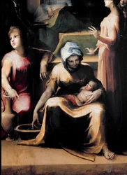 Jomfru Marias fødsel. Detalje med en tjenestepige og det nyfødte barn. Kunstnerens leveår: 1486-1551, cirka 1540-1543. Mål: 233x145 cm. Italien, Siena, Det Nationale Pinakotek (Siena, Pinacoteca Nazionale).
