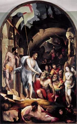 Kristi nedstigning til limbo. Han holder et hvidt banner slået med et rødt kors, et symbol på opstandelsen. Maleri af Domenico Beccafumi (1486-1551)