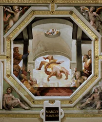 Marcus Manlius Capitolinus, Roms konsul, fald fra Capitol-citadellet under den galliske invasion i 390 f.Kr. Fresco af Domenico di Giacomo di Pace dit Beccafumi (1486-1551) 1529-1530 Siena (Siena), Palazzo Casini Casuccini