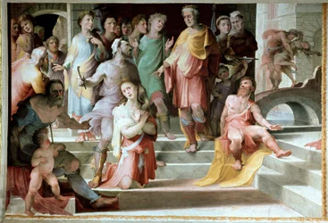 Ofringen af Seleucos de Locres (Seleucus de Locride) Seleucos for at blinde sin søn, for at straffe ham for en voldtægt, han havde begået, foretrækker at dø med et af hans øjne. Fresco af Domenico di Giacomo di Pace dit Beccafumi (1486-1551) 1529-1535 Sien