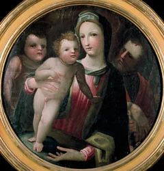 Tondo fra den hellige familie med Johannes Døberens barn. Maleri tilskrevet Domenico Beccafumi (1486-1551). Træ. Diameter: 60 cm. Siena, Collezione Chigi-Saracini
