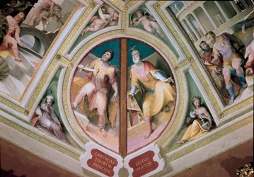 den græske lovgiver Charondas (7. århundrede f.Kr.) kaster et sværd i brystet og ""Den romerske pretor Celius""" Fresco af Domenico Beccafumi (1486-1551)