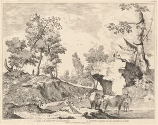 Landskab med hyrdinde og flok ved et vandhul