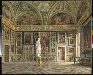 Hall of the Iliaden (Palatine Gallery) i Pitti Palace i Firenze (Italien) (The Hall of the Iliaden ved Pitti Palace i Firenze). Maleri af Domenico Caligo (?-1880), olie på lærred. Italiensk kunst, anden halvdel af det 19. århundrede, neoklassicisme. Stat h