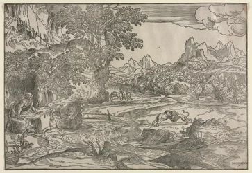 Landskab med Sankt Hieronymus og to løver, ca. 1530-35.