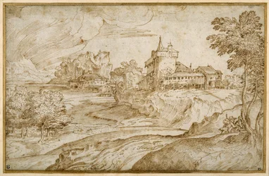 Bjerglandskab med et slot og andre bygninger ved en flod; en mand, der skynder sig en kvinde, til højre, ca. 1540 (pen & brunt blæk på hvidt papir)
