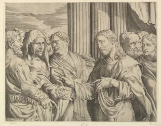 Hyldestpengene: Kristus i midten til højre og gestikulerer til manden til venstre med mønter ..., ca. 1564-89.
