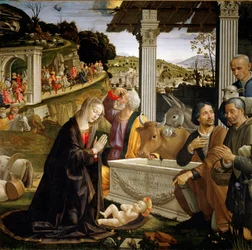 Tilbedelse af hyrderne Maleri af Domenico Ghirlandaio (1449-1494) 1483-1485 Søn. 167x167 cm Capella Sassetti, Santa Trinita, Firenze