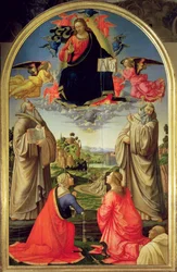 Kristus i herlighed med Skt. Benedikte (ca. 480-547), Skt. Romuald (ca. 952-1027), Skt. Attinia, St. Grecinia og donoren, abbed Buonvicini, 1492 (panel) (for detaljer se 85138)