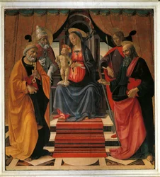 Hellig Samtale. Jomfru Maria og Jesus Kristus omgivet af Sankt Peter, Sankt Paul, Sankt Sebastian og pave Sankt Clemens (maleri
