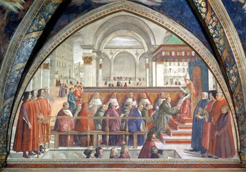 Skt. Frans, der modtager ordensreglen fra pave Honorius, scene fra en cyklus af St. Frans af Assisis liv, 1486 (se også 52660 og 176888)