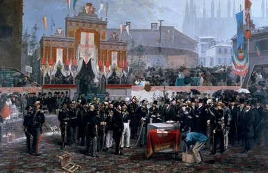 Ceremoni for nedlæggelse af grundsten til Galleria Victor Emmanuel II i Milano, 7. marts