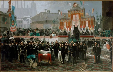 Ceremoni for hjørnestenen i Vittorio Emanuele II-galleriet den 7. marts 1865 (olie på træ)