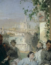 Nyheder om freden i Villafranca, af Domenico Induno, detaljer
