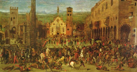 Udvisning af Bonacolsi af Louis Gonzaga i 1328 på Piazza Sordello, Mantua