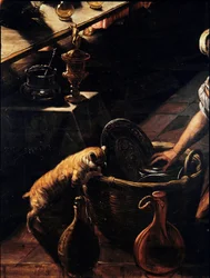 Den sidste nadver (La cene) Detalje af en kat, der søger i en kurv. Maleri af Jacopo Robusti kaldet Tintoret (Tintoretto) (1518-1594) 1592-1594 Søn. 365x568 cm Venedig, kirken San Giorgio