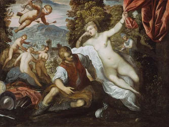 Venus og Mars med Amor og de tre nåder i et landskab