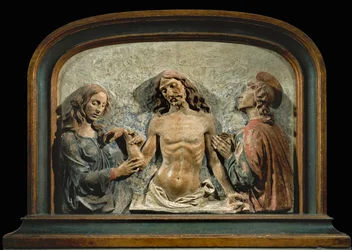 Den døde Kristus tilbedt af Johannes Evangelisten og Maria Magdalena ...