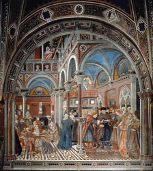 Udsigt over børnehjemmet Santa Maria della Scala i Siena Til venstre tager barnepigene sig af efterladte børn, til højre en gravid kvinde tvunget til at gifte sig. Fresco af Domenico di Bartolo (aktiv mellem 1428 og 1447) Spedale di Santa Maria del