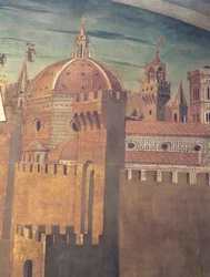 Detalje, der forestiller Firenze-katedralen, fra en fresko af Dante med Divina Commedia i nordskibet, 1465 fresko-detalje af 42355