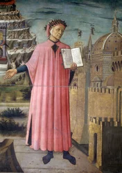 Italien, Toscana-regionen, Firenze, katedralen, portræt af Dante Alighieri, Firenze og allegori over Den guddommelige komedie af Domenico di Michelino