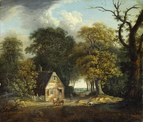 Et skovklædt landskab med en fører og kvæg ved et sommerhus (maleri)