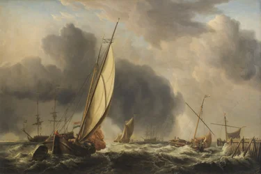 Fiskerbåde og mand o krig i en brise ved mundingen af en flod, 1771