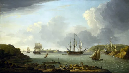 En flåde vender tilbage til Plymouth (England), beskrivelse af byen og bugten, inklusive Drake Island og Edgcumbe Mountain. Olie på lærred