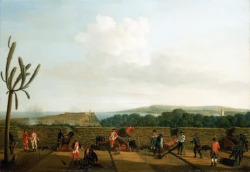 Syvårskrigen (1756-1763): Erobringen af Havana (Cuba) i 1762, det britiske kanonbatteri foran Morro Castle, installeret på en træplatform (platform), med en beskyttende brystværn, kanonerne er klædt i blåt, i horisonten er Morro Castle
