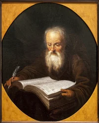 En munk læser, en fjer i hånden. Maleri af Domenicus Van Tol (1635-1676), olie på lærred, af Gerrit Dou (1613-1675). flamsk kunst