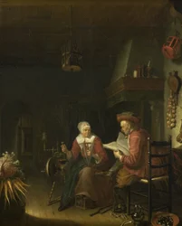 Interiør med en mand, der læser, og en kvinde, der spinder garn