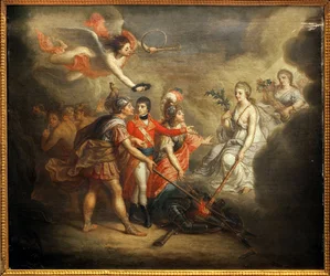 Freden i Amiens. Traktat underskrevet den 25. marts 1802 mellem Det Forenede Kongerige og dets allierede, Det Osmanniske Rige, på den ene side og Frankrig, Spanien og Holland på den anden. Maleriet viser Napoleon 1. Bonaparte, kronet af en engel, der