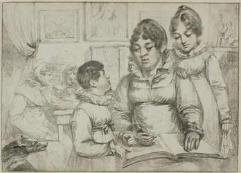Familiegruppe (kvinde læser for to børn)