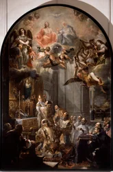 Grundmesse for Treenighedsordenen Den religiøse Treenighedsorden (eller den allerhelligste treenighedsorden) blev grundlagt af Johannes af Matha (1154-1213). Maleri af Juan Carreno de Miranda (1614-1683) søn. 5x3,1 m