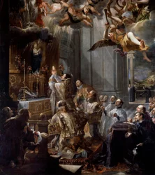Grundmesse for Treenighedsordenen Den religiøse Treenighedsorden (eller den allerhelligste treenighedsorden) blev grundlagt af Johannes af Matha (1154-1213). Detalje af et maleri af Juan Carreno de Miranda (1614-1683) Dim. 5x3,1 m