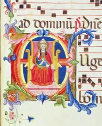 Ms 572 f.125r Historieret bogstav "E", der viser Sankt Peter som den første biskop af Rom fra en antifon fra Santa Maria del Carmine