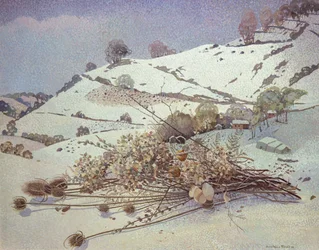 Snelandskab med stilleben af tørrede blomster