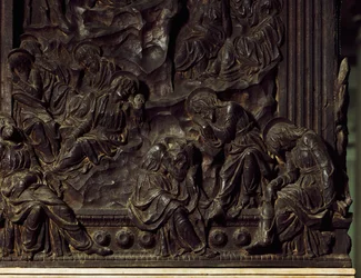 Tilbedelse i haven, detalje fra venstre prædikestol, af Donatello (1386-1466), Basilica of St Lawrence, Firenze, Italien