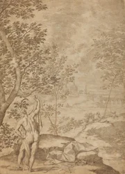Apollo stående i et flodlandskab