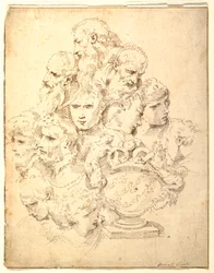Tegning, Fantasi bestående af hoveder og en skulpturel urne, ca. 1730