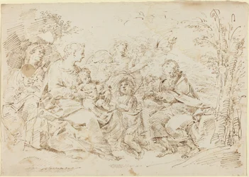 Hellig Familie med St. Elizabeth, St. Johannes Døberen og To Engle i et Landskab