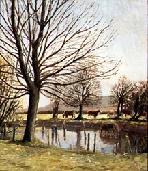 Kvæg ved en dam (olie på lærred)