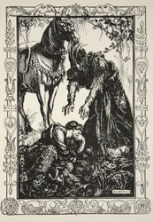 Palamides dukkede op foran hende, illustration fra "Stories of King Arthur and te Round Table" af Beatrice Clay